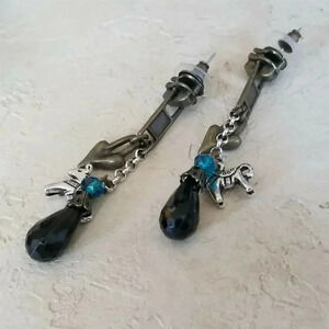 Antique Brass Zipper and Heart Baubles Black Teal Blue Dangle Earrings